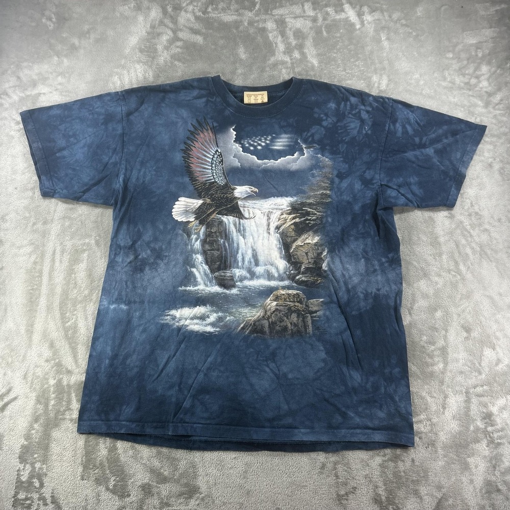 VTG The Mountain Shirt Mens XL Blue Bald Eagle Waterfall Flag Graphic Tee USA
